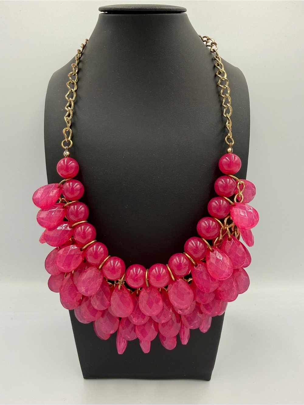 Hot Pink Beaded Teardrop Fringe Statement Bib Necklace Gold Tone Adjustable